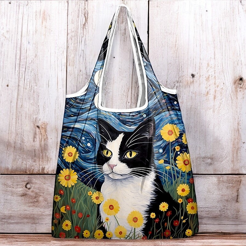 konstnärlig kattväska för kvinnor med blommig och stjärnklar nattdesign - miljövänlig återanvändbar shoppingväska för kattälskare 2025 - $14.99 –P1