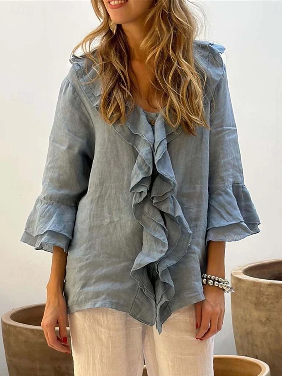 Damen Hemd Leinen-inspirierte Hemden Bluse Einfarbig Basic Lässig Langarm V Ausschnitt Normale Oberteile Täglich Rüsche Weiß Grün Grau Herbst Winter 2025 - $29.99 –P2
