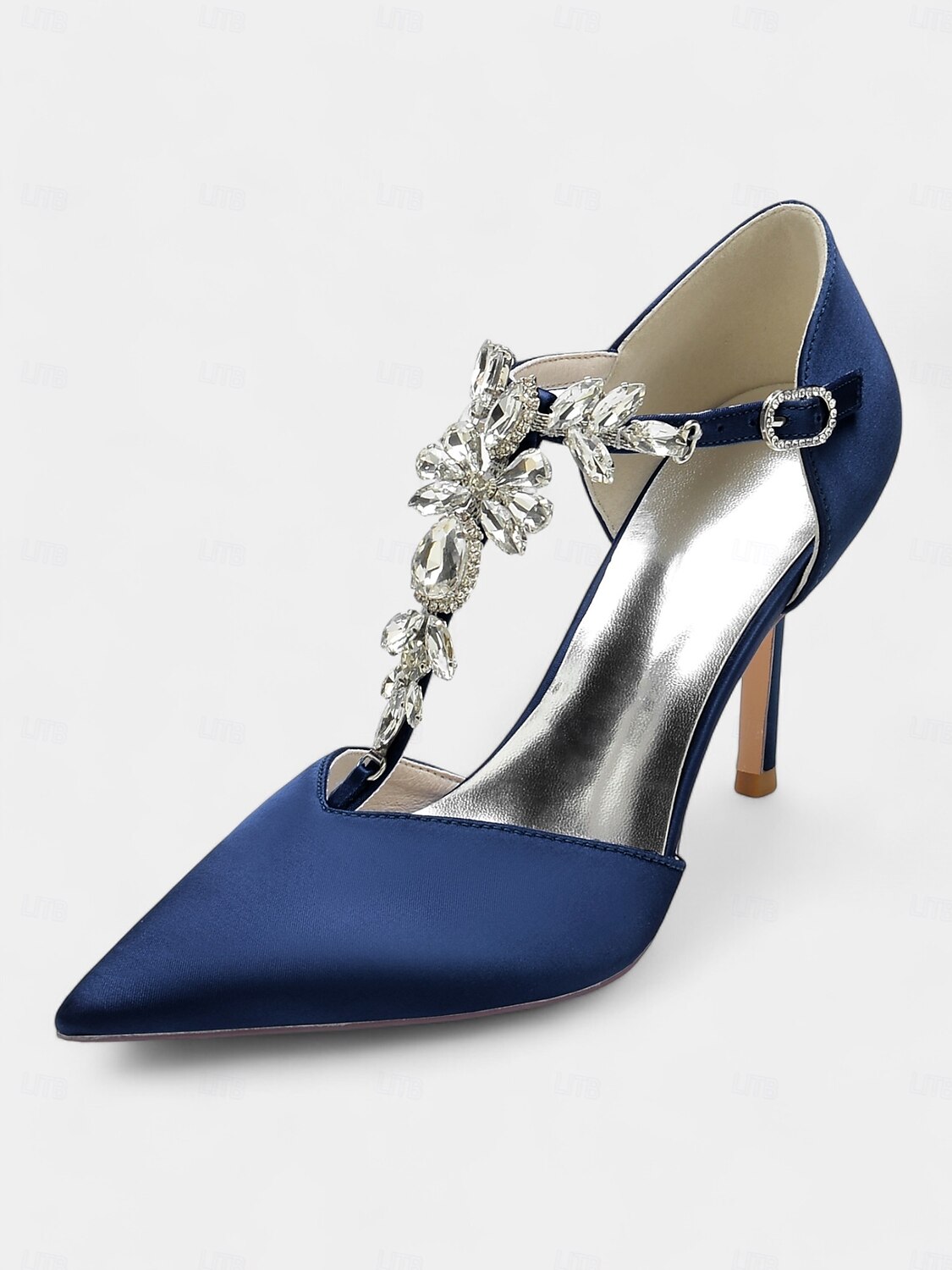 Escarpins à brides en satin bleu marine pour femmes – chaussures de cocktail à bout pointu avec ornements en cristal pour mariages et soirées de 2025 ? $64.99 –P16