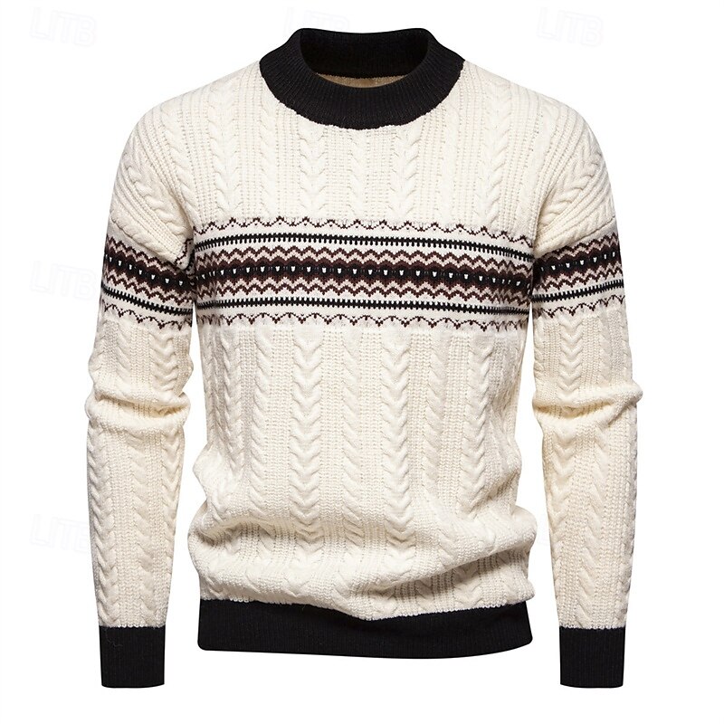 Men's Pullover Sweater Jumper Knit Sweater Fair Isle Pullover Sweater Ribbed Cable Knit Regular Knitted Color Block Crew Neck Fashion Basic Daily Wear Date Clothing Apparel Fall & Winter Black White 2025 - $42.99 –P4