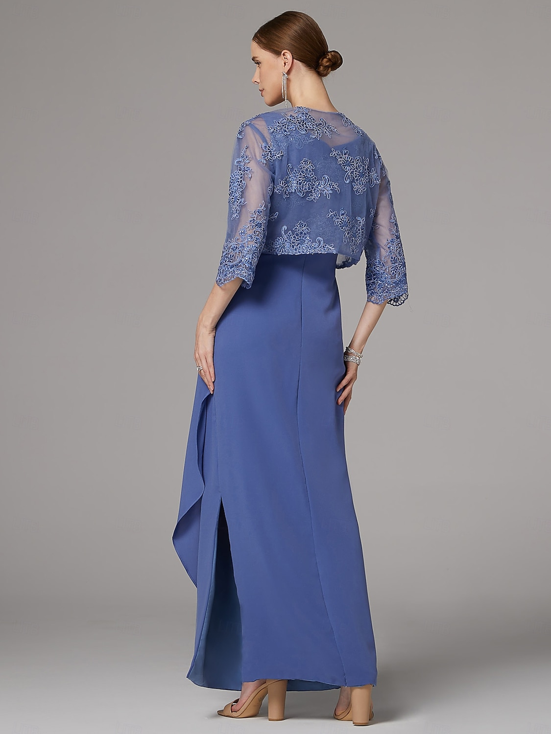 Twee Delige Sheath Jurk Strandbruiloft Moeder van de Bruid Jurk Elegante Sprankel  Glans Juweel Hals Enkele Lengte Kant Stretch Stof 3/4 Lengte Mouw met Kant 2025 - $189.99 –P2