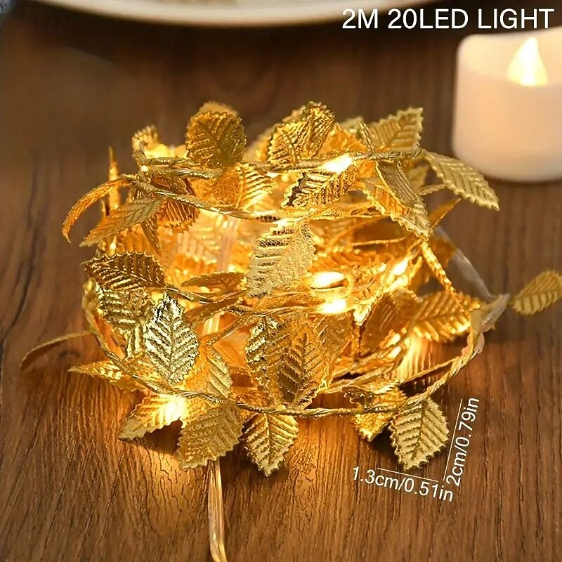 2025年 エレガントなウェディング レセプション パーティー ゴールデン リーフ ガーランド ストリング ライト 2m 20LED 5m 50LED 電池式 フェアリー ライト クリスマス ホーム バレンタインデー 誕生日 結婚式 ホリデー パーティー デコレーション  コレクション – $7.99 –P12