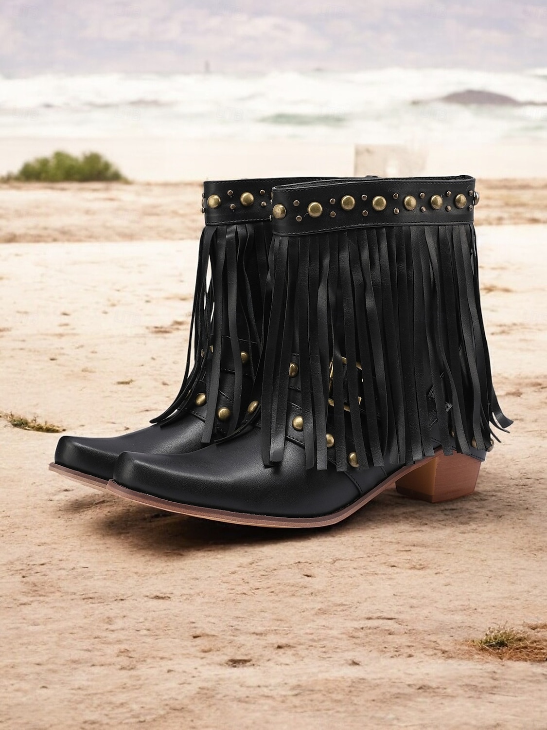czarne botki damskie w stylu western z frędzlami i ćwiekami – modne obuwie inspirowane stylem boho na festiwale i na co dzień 2025 - $59.99 –P2