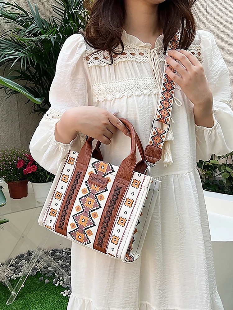 női boho etnikai mintás táska – vintage ihletésű vászon kézitáska bőr díszítéssel, ideális alkalmi kirándulásokhoz és mindennapi használatra 2025 - $26.99 –P2