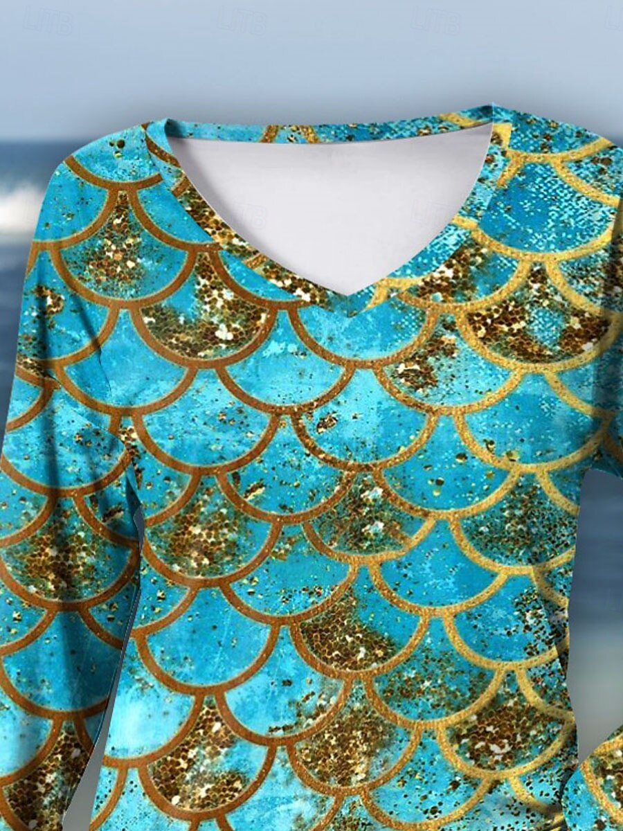 Per donna maglietta Color Block Informale Manica lunga A V Maglie lunghe Giornaliero Fine settimana Stampa Blu Autunno Inverno del 2025 a $24.99 –P3