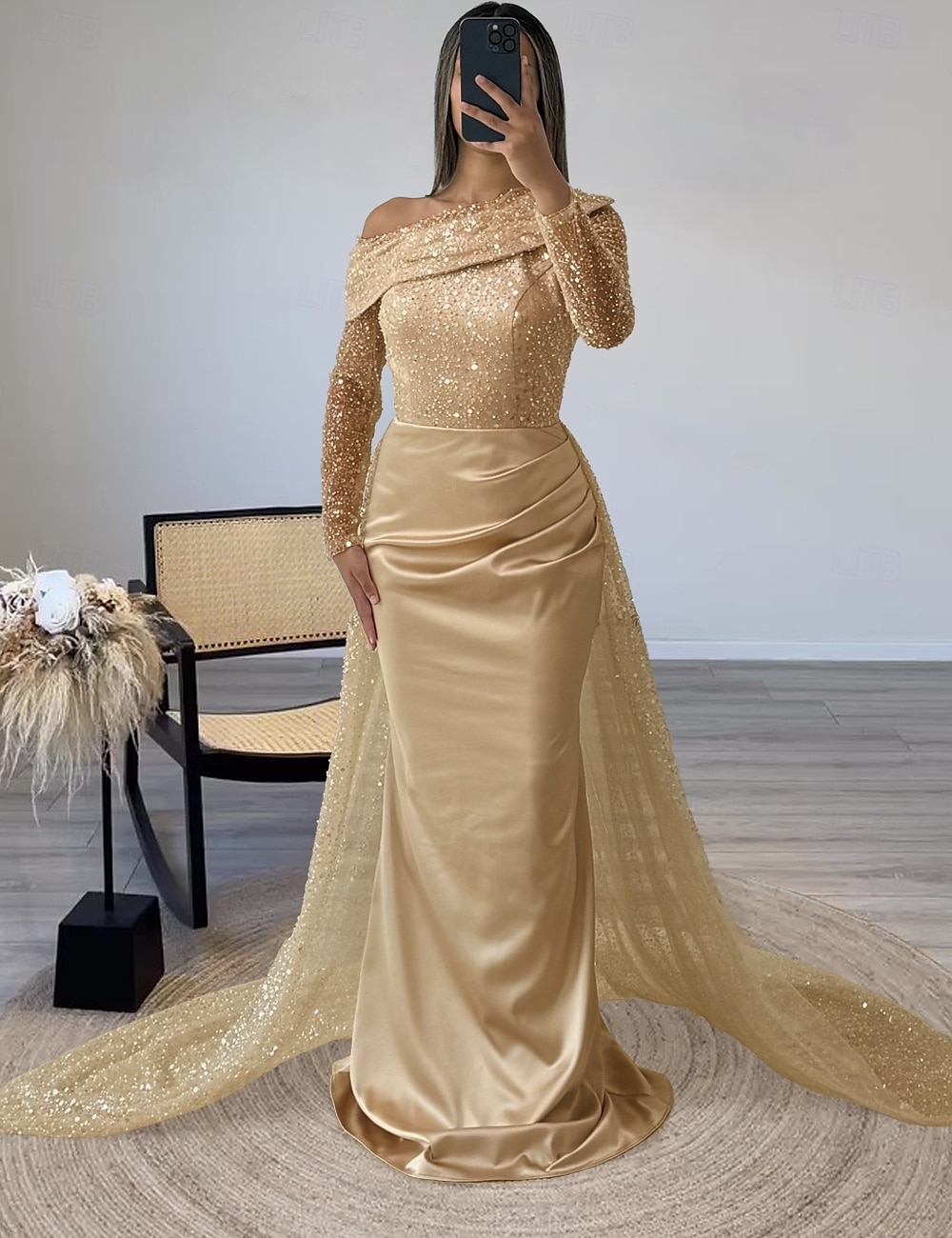 Abito da sera sagomato abito elegante formale strascico  spazzola maniche lunghe scollatura illusoria champagne madre della sposa abito in raso con perle sovraspettacolo del 2025 a $221.99 –P1