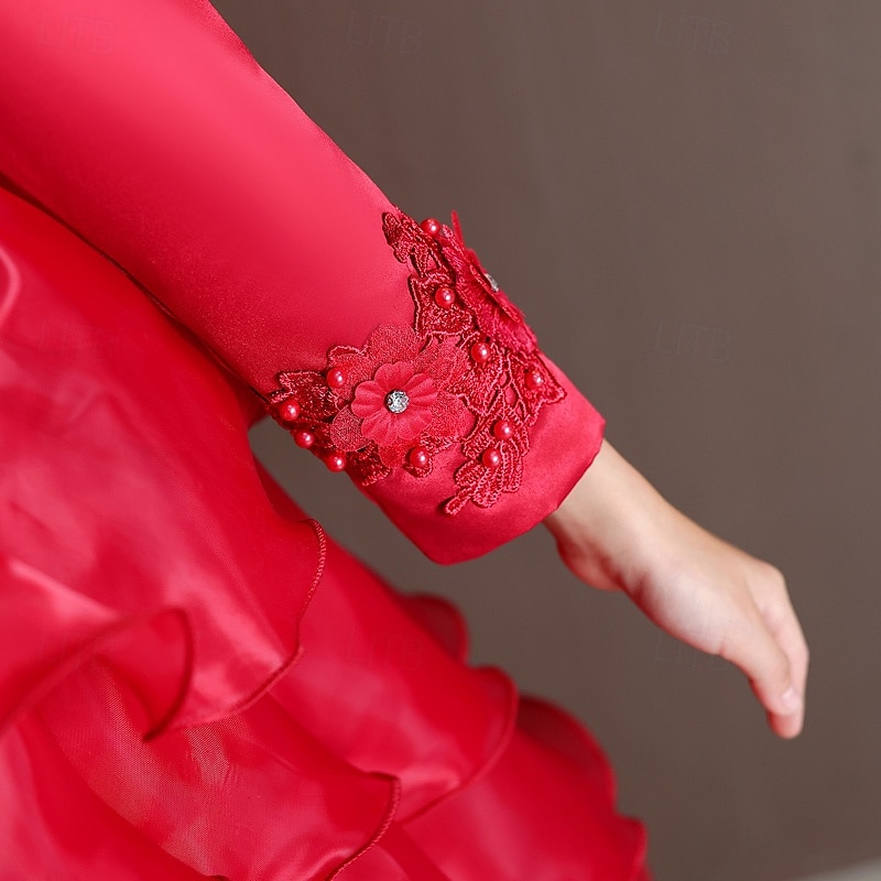 Niños Chica Vestido de Fiesta Flor Manga Larga Boda Ocasión especial Retazos Cremallera Adorable Dulce Algodón Poliéster Asimétrico Vestido de Fiesta Verano Primavera Otoño 4-13 años Blanco Rosa Rojo 2025 - $40.99 –P4