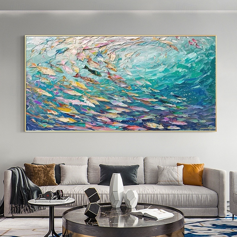 Pintura en lienzo de peces marinos azules abstractos hecha a mano, arte nórdico, grafiti, tamaño grande, decoración moderna para sala de estar, imagen sin marco 2026 - $131.99 –P1