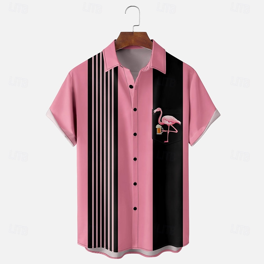 Men's Flamingos Bowling Shirt Button Up Shirt Short Sleeve Hawaiian Formal Sport Summer Turndown Pocket Pink 2025 - $24.99 –P1