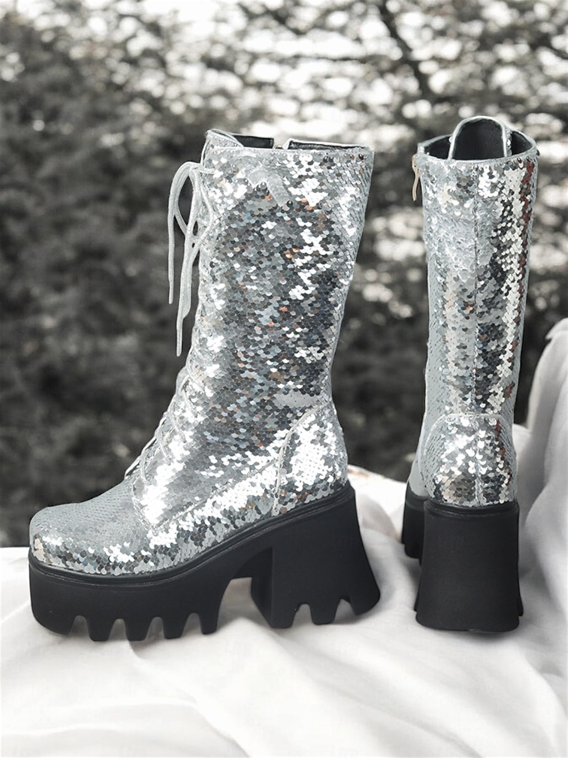 Botas de plataforma con cordones y lentejuelas para mujer: botas de tacón grueso brillantes en verde y azul para fiestas, festivales y cosplay 2025 - $84.99 –P10