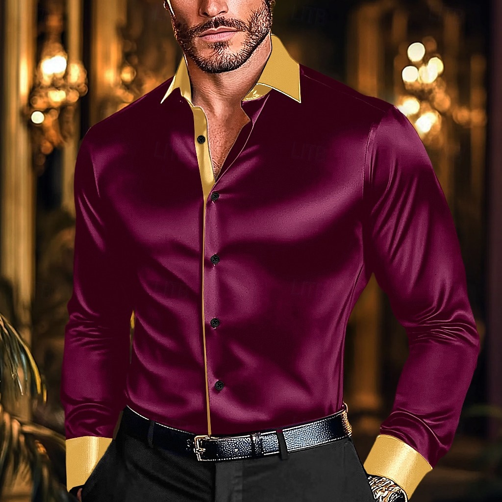 Bărbați Cămașă Cămașă din satin Cămașă casual Camașă cu nasturi Cămașă Disco Peteci Performanță Nuntă Negru Alb Roșu Vin Trifoi Manșon Lung Rever Primăvara & toamnă Îmbrăcăminte Peteci 2026 - $28.99 –P7