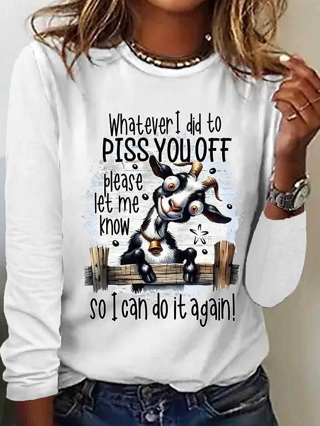 Kobiec T-shirt tunika moda casual kot regularne topy długi rękaw dekolt zaokrąglony nadruk luźny krój codzienny biały wiosna jesień 2025 - $22.99 –P1