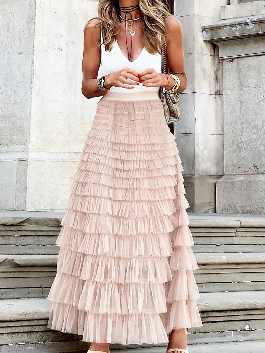 dam lång kjol maxi kjolar lapptäcke enfärgad semesterfest vår, höst, vinter, sommar elegant mode svart rosa khaki 2025 - $25.99 –P6