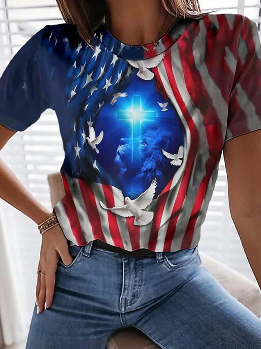 Unabhängigkeitstag Damen Patriotic Fourth of July T-Shirt Lässiger Druck Kurzarm Regelmäßige Oberteile Täglich Blau Sommer Frühling Herbst 2025 - $19.99 –P1