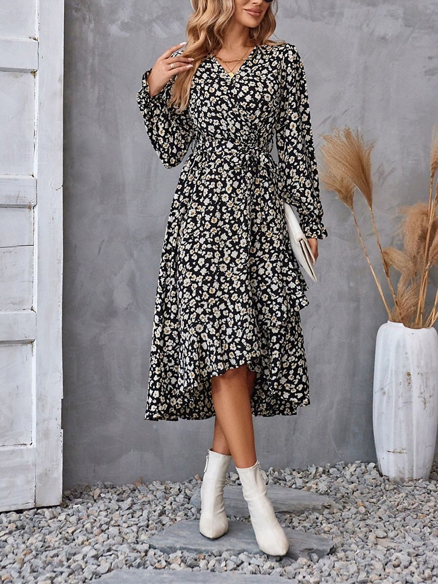 Femme Robe mi-longue Robe casual Robe Évasée Robe Portefeuille Robe Trapèze Décontractées du quotidien Standard Floral manche longue Col V Noir Violet Vert Eté Printemps Automne de 2025 ? $41.99 –P10