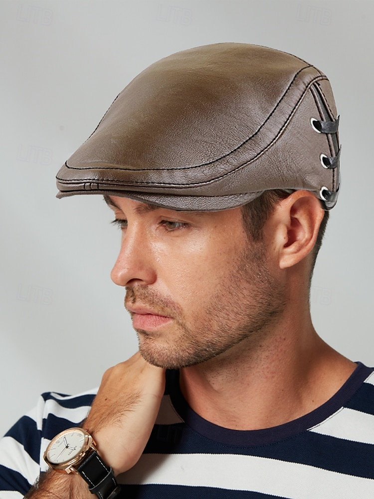Men's Classic Faux Leather Newsboy Cap – Vintage Flat Ivy Hat with Lace-Up Side Details for Casual and Formal Looks 2025 - $14.99 –P1