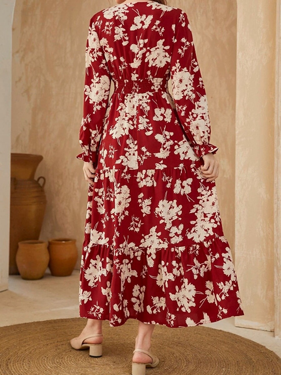 Damen Maxidress Casual kleid Schaukelkleid A Linie Kleid Brautkleider schlicht Täglich Regular Fit Blumen Langarm V Ausschnitt Weiß Rote Sommer Frühling Herbst 2025 - $41.99 –P2