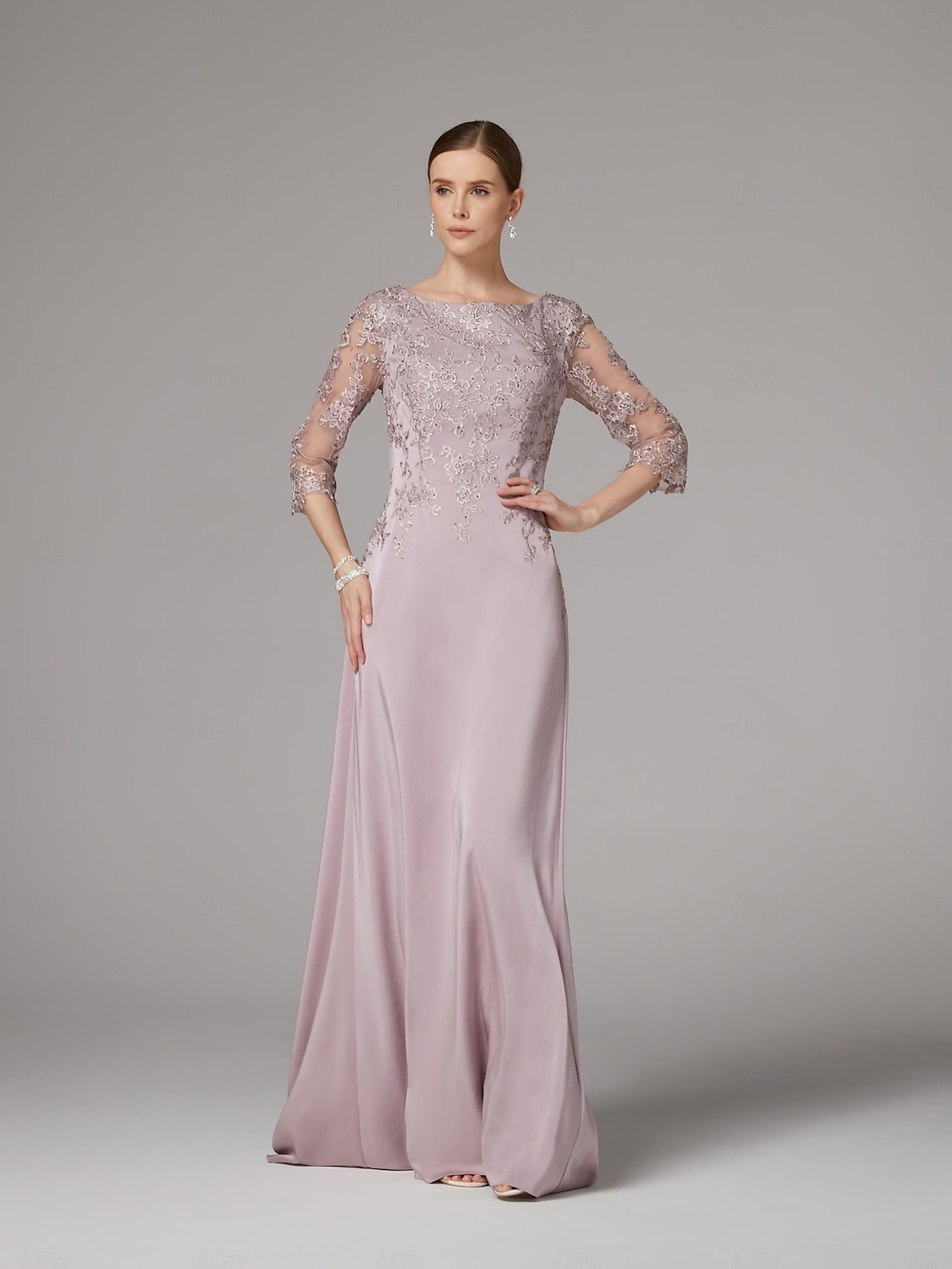 Sukienka sheath na plażę Sukienka matki panny młodej Elegancka Dekolt bateau Długość do podłogi Satyna 3/4 długości rękaw z aplikacjami koronkowymi 2025 - $186.99 –P8