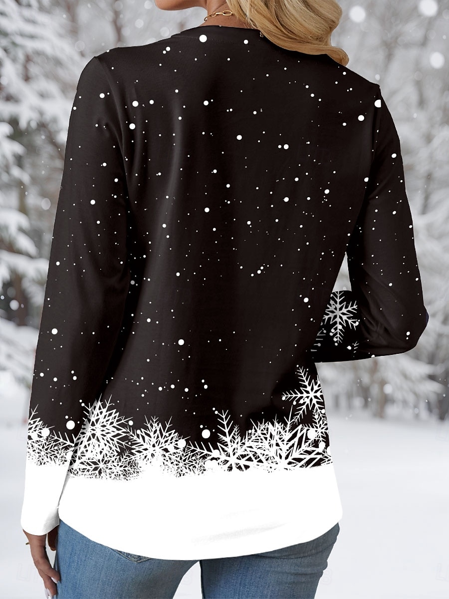 Blusa de mujer sudadera cuello pico blanco ribete de piel santa adorno de lentejuelas manga larga invierno vacaciones moda punto rojo negro fiesta casual corte regular acogedor suave 2025 - $27.99 –P3