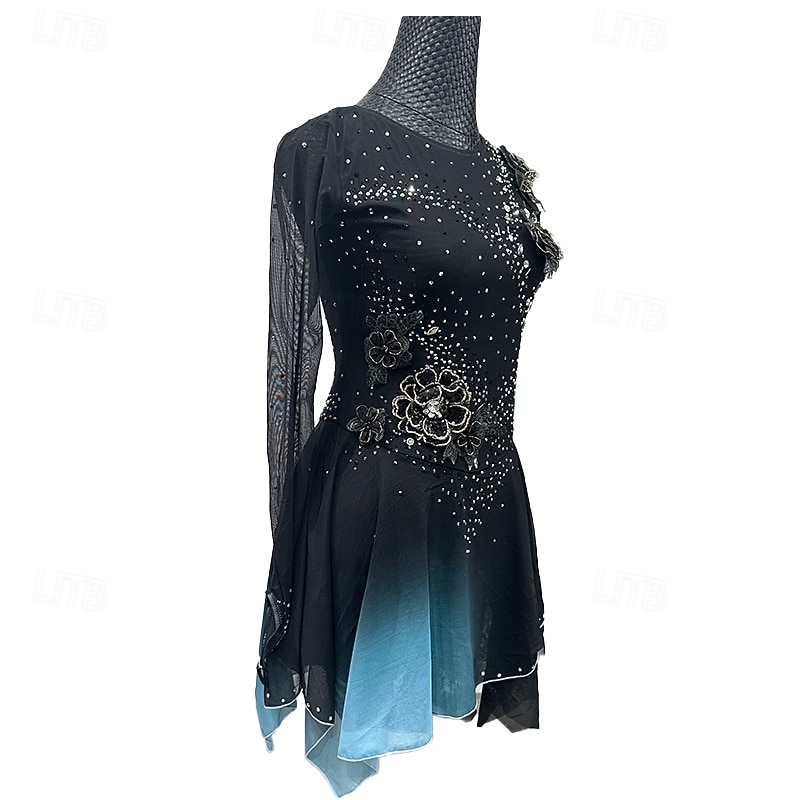 Figure Skating Dress Women's Girls' Ice Skating Dress Black Patchwork Thumbhole Mesh Spandex Stretchy Training Practice Professional Skating Wear Thermal Warm Crystal / Rhinestone Long Sleeve Ice 2025 - $294.49 –P8