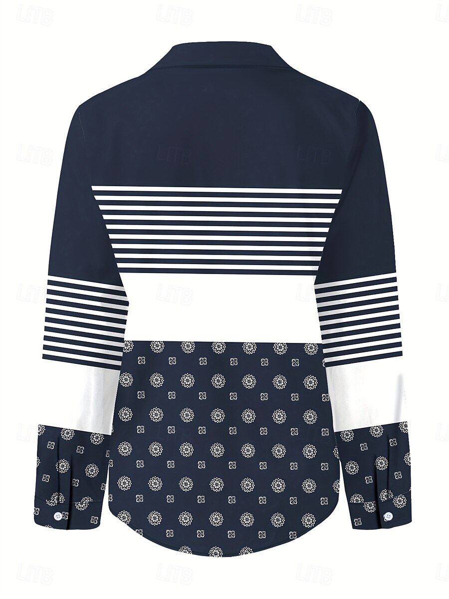 Women's Shirt Geometric Striped Casual Long Sleeve Shirt Collar Regular Tops Work Daily Buttons Print Navy Blue Spring Fall Winter 2025 - $29.99 –P2