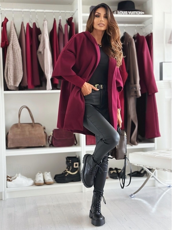Per donna Cappotto Tenere al caldo Comodo Bottoni Elegante Tinta unica Casual / quotidiano Monopetto Bavero Standard Manica lunga Capispalla Nero Vino Cachi Inverno del 2025 a $41.99 –P3