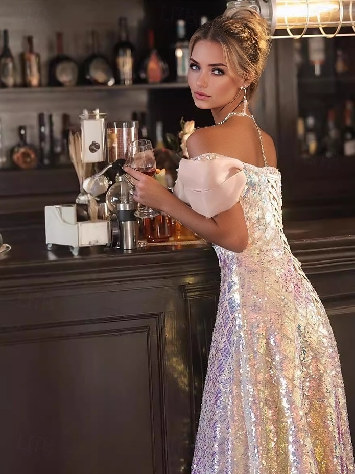 Robe de bal A-Line robe élégante de mariage formel longue à partir du sol à manches courtes sans épaule robe à sequins avec nœud(s) pailleté(s) de 2025 ? $99.99 –P3