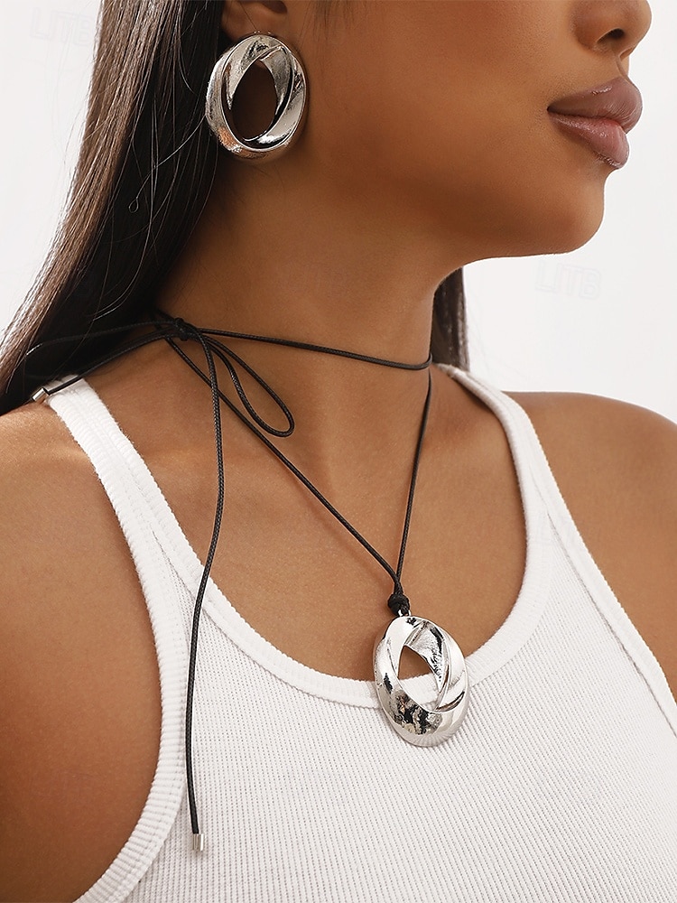 Minimalist Silver Hollow Circle Pendant Necklace & Earrings Set – Modern Geometric Jewelry for Women 2025 - $9.99 –P1