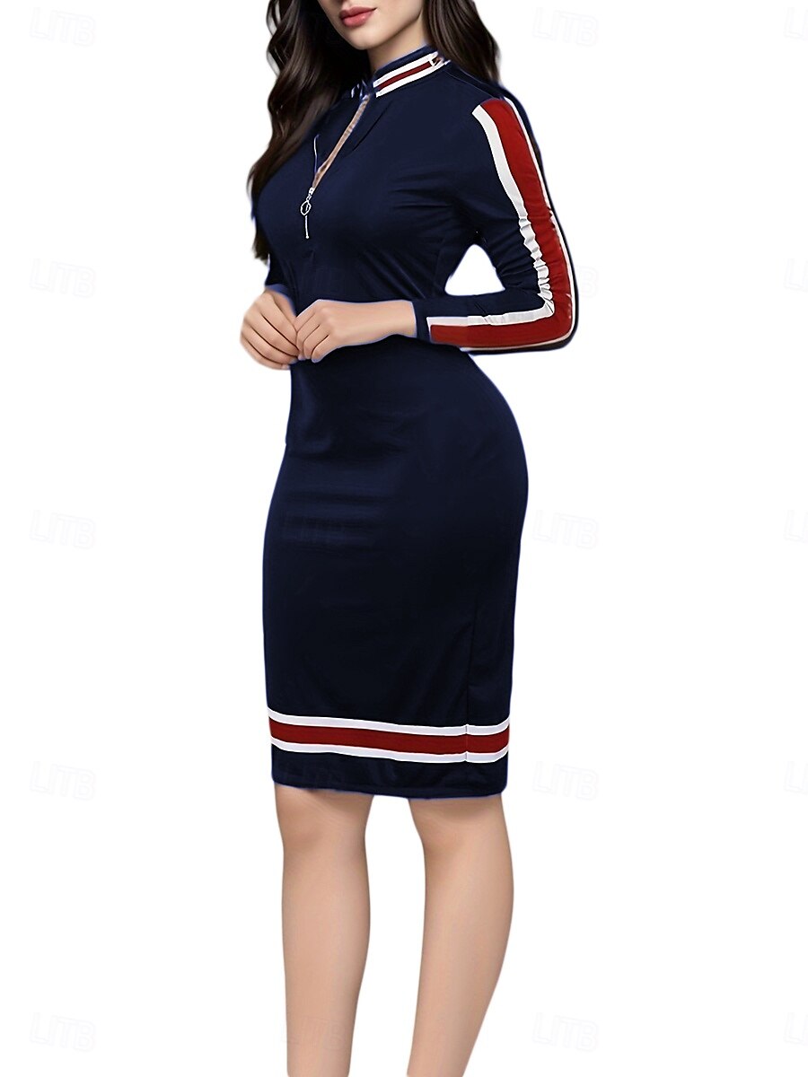 Women's Work Dress Shift Dress Elegant Office Daily Midi Dress Patchwork Stand Collar Long Sleeve Plain Regular Fit Red Navy Blue Spring Fall S M L XL 2XL 2025 - $33.99 –P2