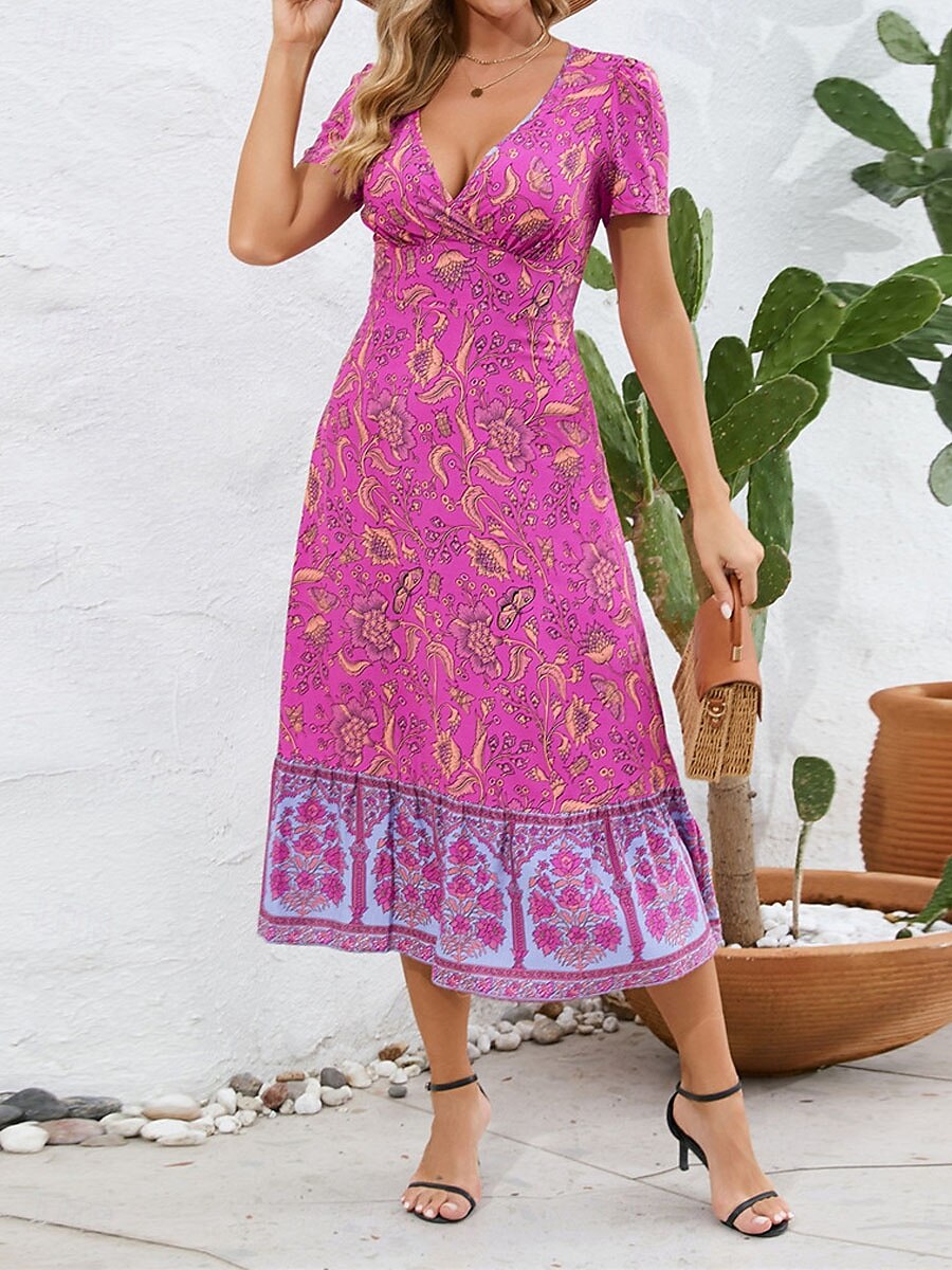 Dame Midikjole Uformell kjole Swingkjole Kjole med A-linje Boho-kjole Bohem Fritid Daglig Normal Blomstret Kortermet V-hals Rød Blå Fuksia Sommer Vår 2025 - $46.99 –P17