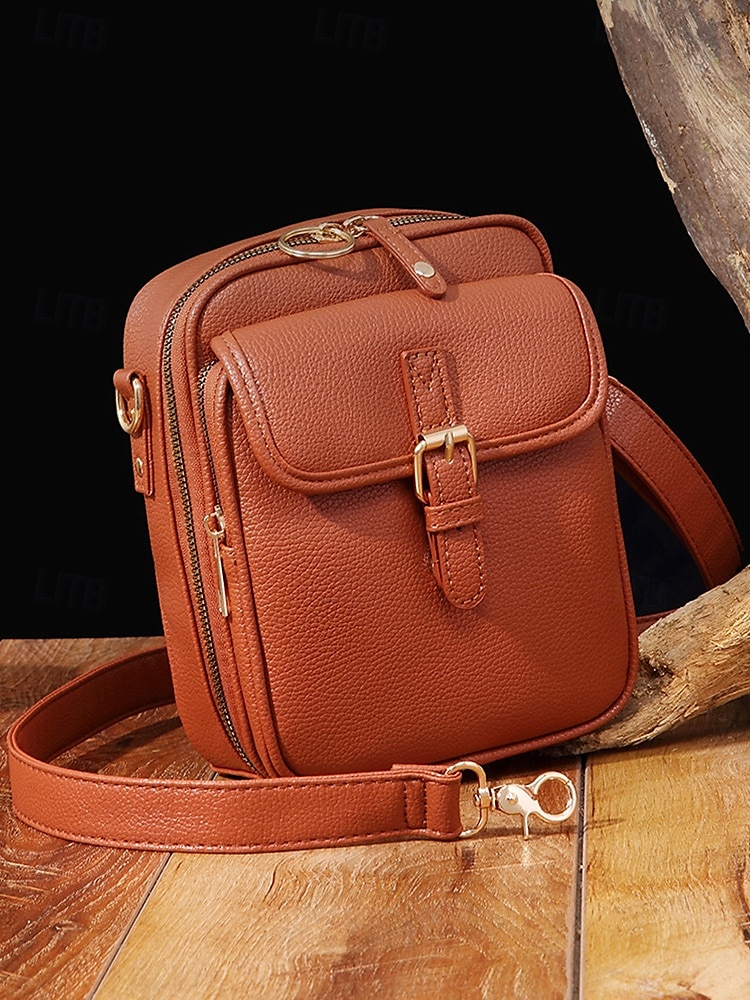 Bolso bandolera vintage de piel sintética marrón para mujer con detalle de hebilla frontal: diseño compacto y elegante 2025 - $32.99 –P2