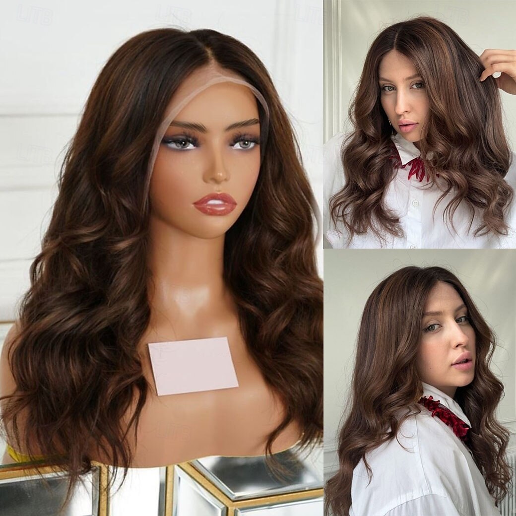 Perruque Cheveux vierges non transformés Fermeture 5x5 13x4 devant en dentelle Cheveux Brésiliens Ondulé Marron Partie libre Femme Densité 130% 150% avec des cheveux de bébé 100% vierge Sans colle de 2025 ? $235.59 –P3