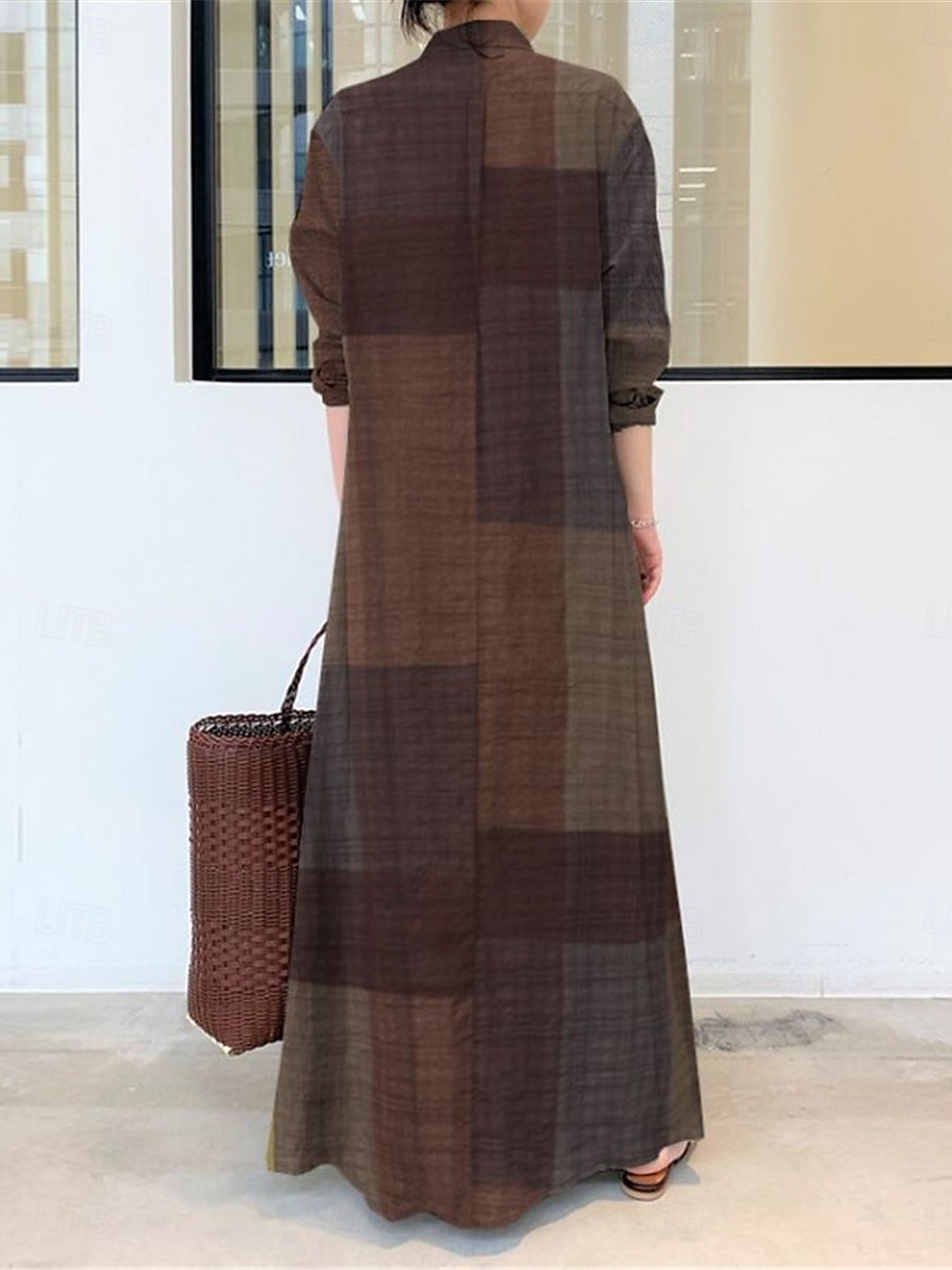 Damen kariertes Hemdkragen Maxikleid Langarm Frühling Herbst 2025 - $31.99 –P3