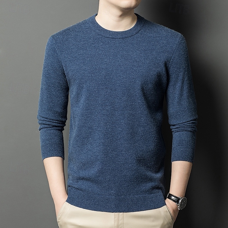Herr Ulltröja Pullover tröja Sticka Ensfärgat Rund hals Stickat Elegant Skola Träning Kläder Höst Vinter Svart Vit S M L 2025 - $36.99 –P10