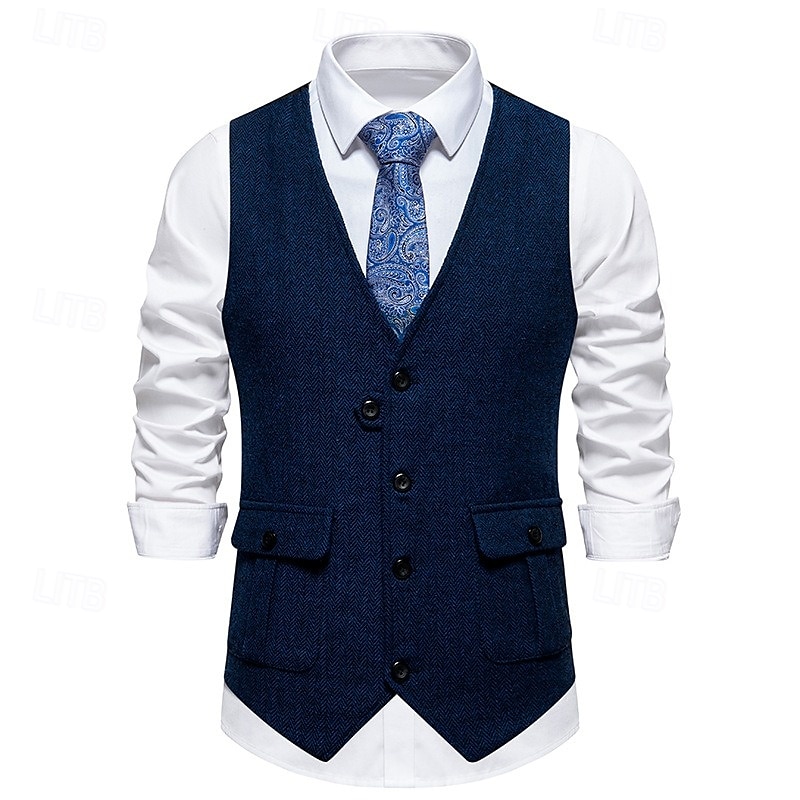 Braune graue Herrenmode Fischgrät Tweed Weste maßgeschneiderte Passform V-Ausschnitt einreihig vier Knöpfe 2025 - $40.99 –P10