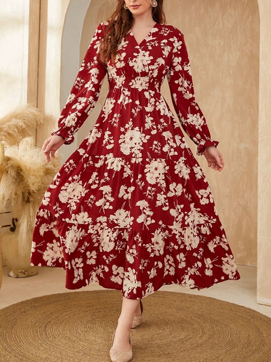 Damen Maxidress Casual kleid Schaukelkleid A Linie Kleid Brautkleider schlicht Täglich Regular Fit Blumen Langarm V Ausschnitt Weiß Rote Sommer Frühling Herbst 2025 - $41.99 –P1