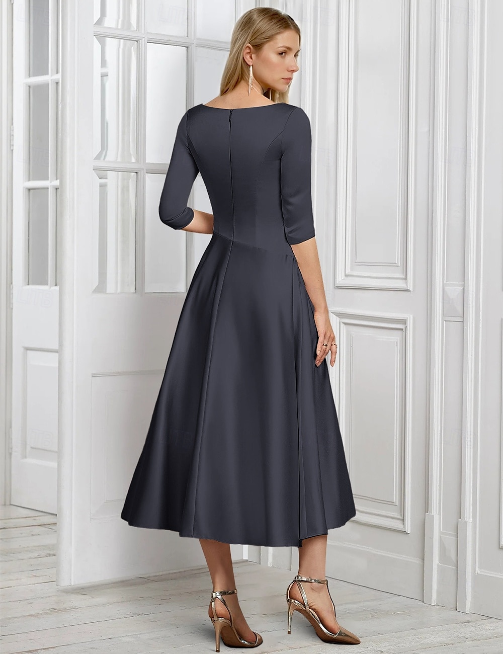 Abito A-Line Verde Navy Madre della Sposa Abito Elegante Semplice V Neck Lunghezza Caviglia Satin Manica 3/4 con Pizzo Arricciato Sequin Abito per il Giorno delle Corse del 2025 a $143.99 –P2
