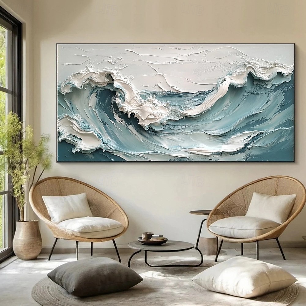 Blue Ocean Wave Painting on Canvas handmade Impasto Textured Painting Designer Serene Canvas Art handmade Choice Minimalist wave painting for Living Room Art Contemporary Art painting wall artwork 2025 - $75.99 –P2