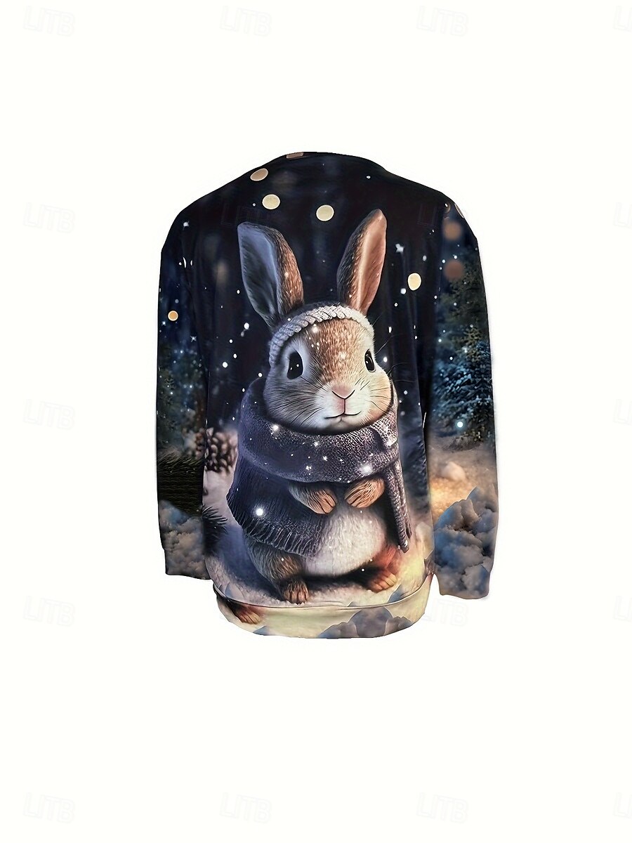 Sudadera de mujer con estampado de conejo para uso diario, informal, cuello redondo, manga larga, microelástica, otoño e invierno, cómoda, transpirable, tejido suave 2025 - $27.99 –P3