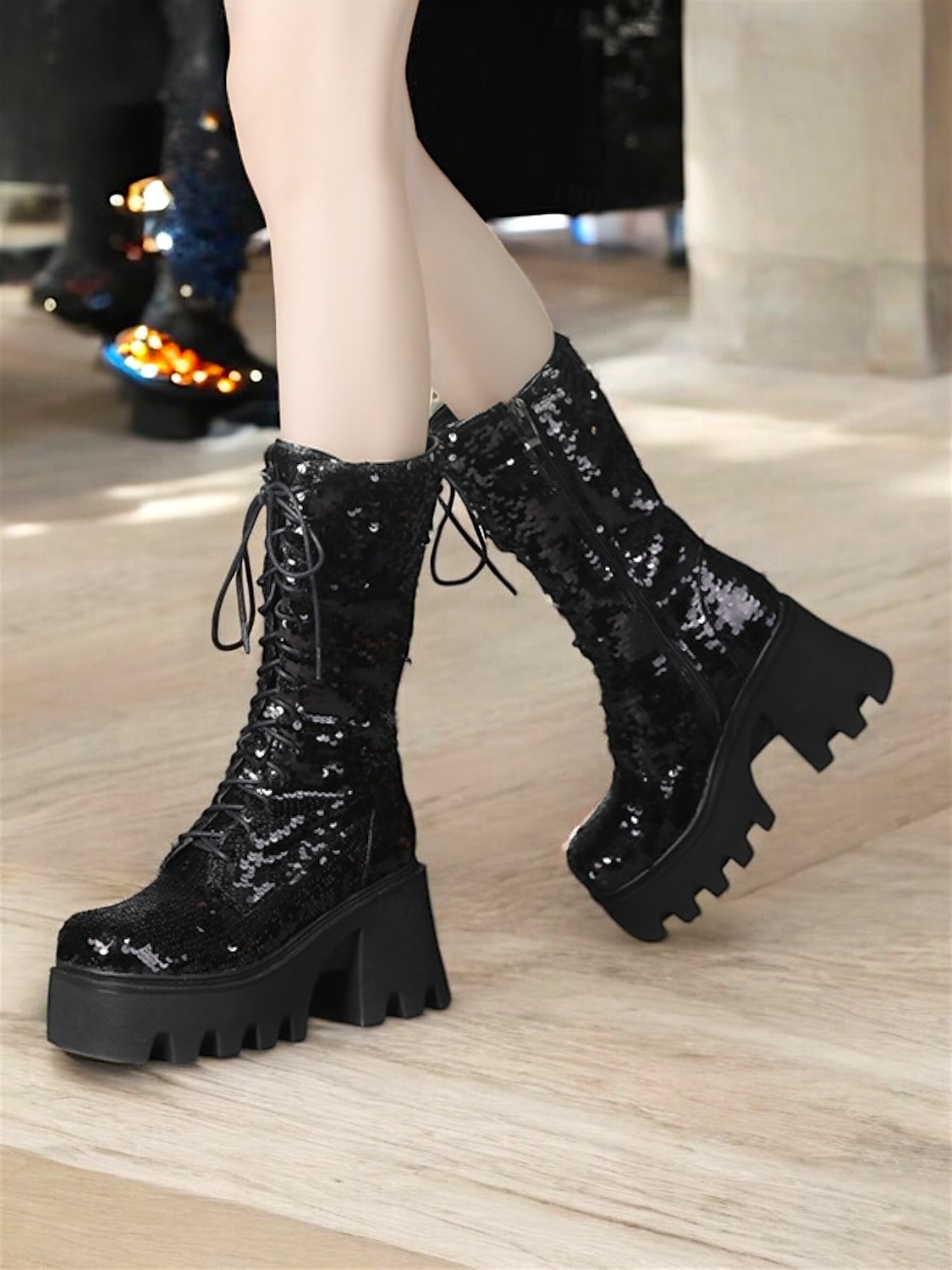 Botas de plataforma con cordones y lentejuelas para mujer: botas de tacón grueso brillantes en verde y azul para fiestas, festivales y cosplay 2025 - $84.99 –P14