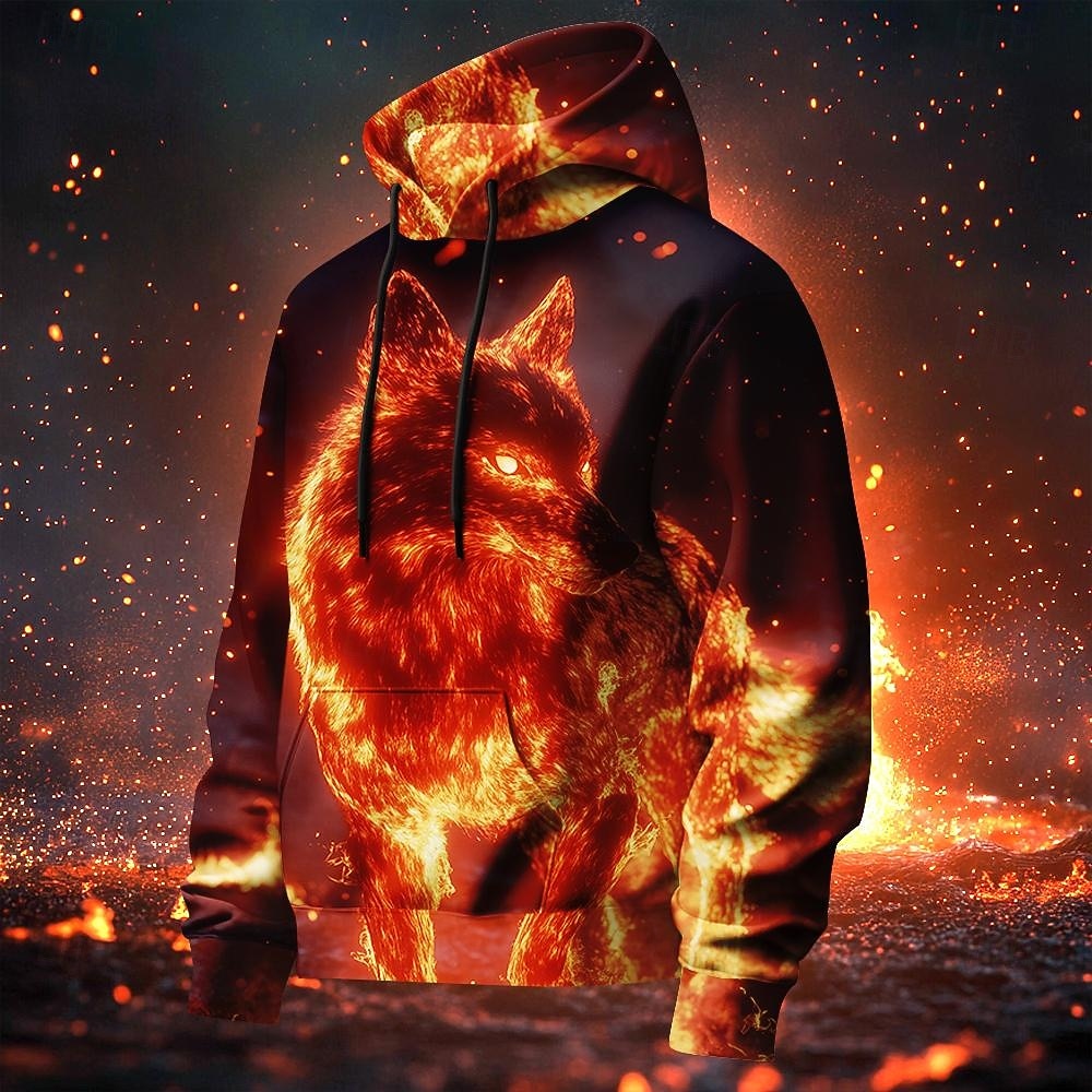 Per uomo Lupo Fiamma Felpe con cappuccio Felpa Moda Cool Manica Lunga Girocollo Feste Ferie Abbigliamento casual alla moda Rosso Coulisse Autunno Inverno progettista del 2025 a $29.99 –P1