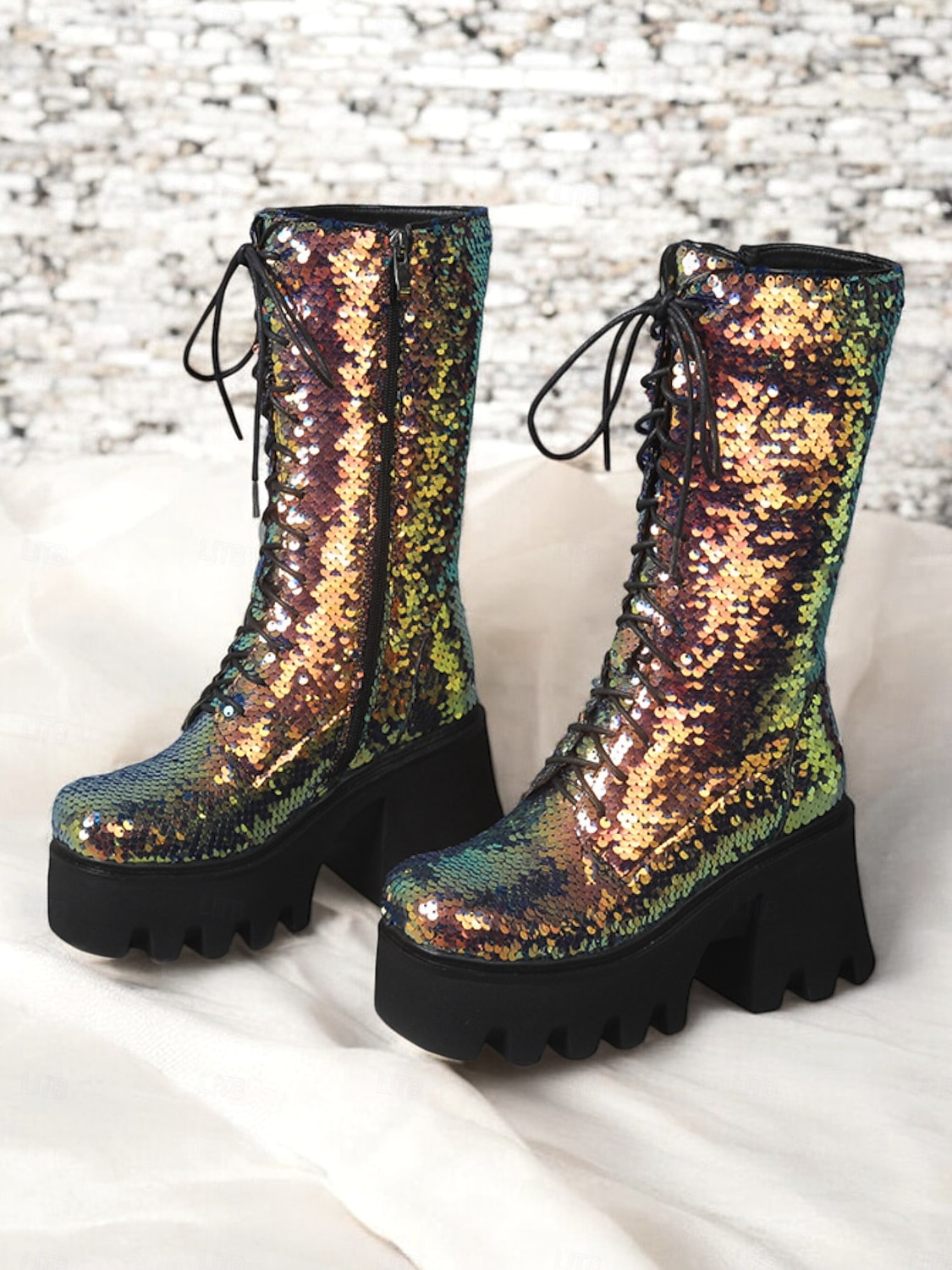 Botas de plataforma con cordones y lentejuelas para mujer: botas de tacón grueso brillantes en verde y azul para fiestas, festivales y cosplay 2025 - $84.99 –P7
