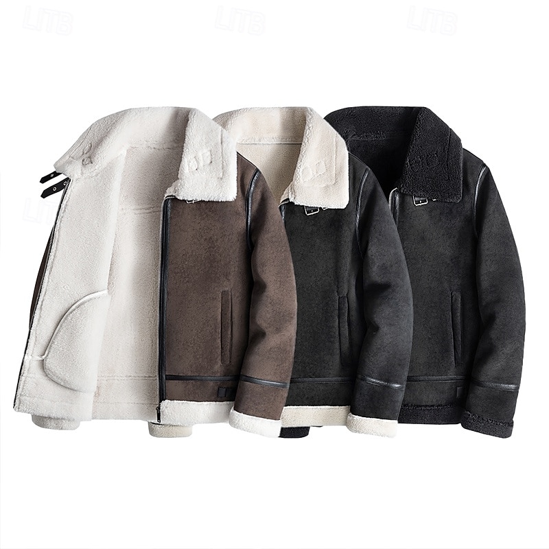 Homme Simili Cuir Veste Polaire Veste moto Blouson Moto du quotidien Vacances Coupe Vent Chaud Poche Automne hiver Plein Mode Classique Revers Normal Noir Beige Café Veste de 2026 ? $97.99 –P1
