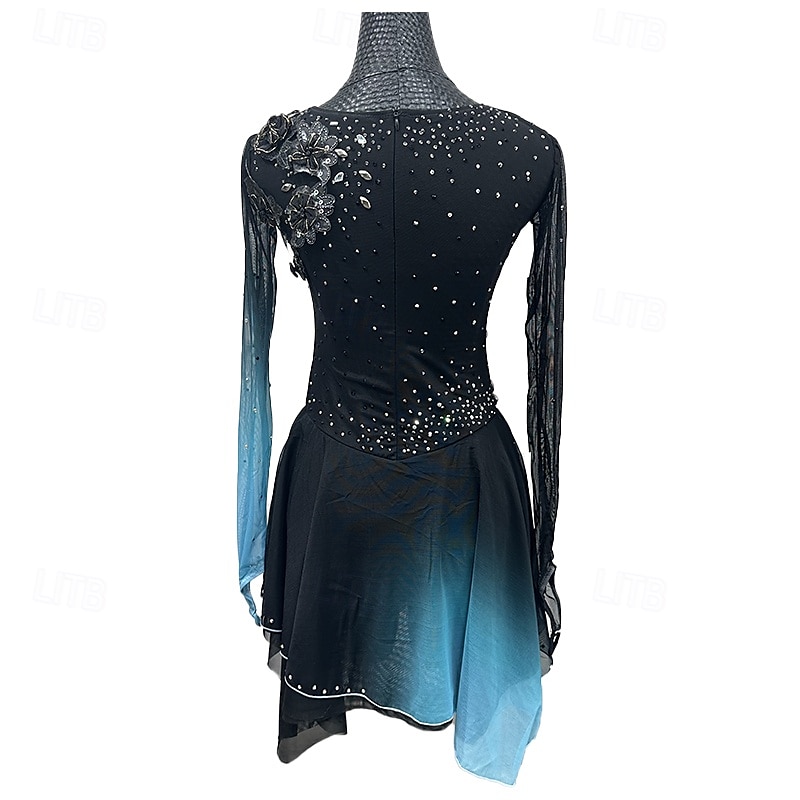 Figure Skating Dress Women's Girls' Ice Skating Dress Black Patchwork Thumbhole Mesh Spandex Stretchy Training Practice Professional Skating Wear Thermal Warm Crystal / Rhinestone Long Sleeve Ice 2025 - $294.49 –P2