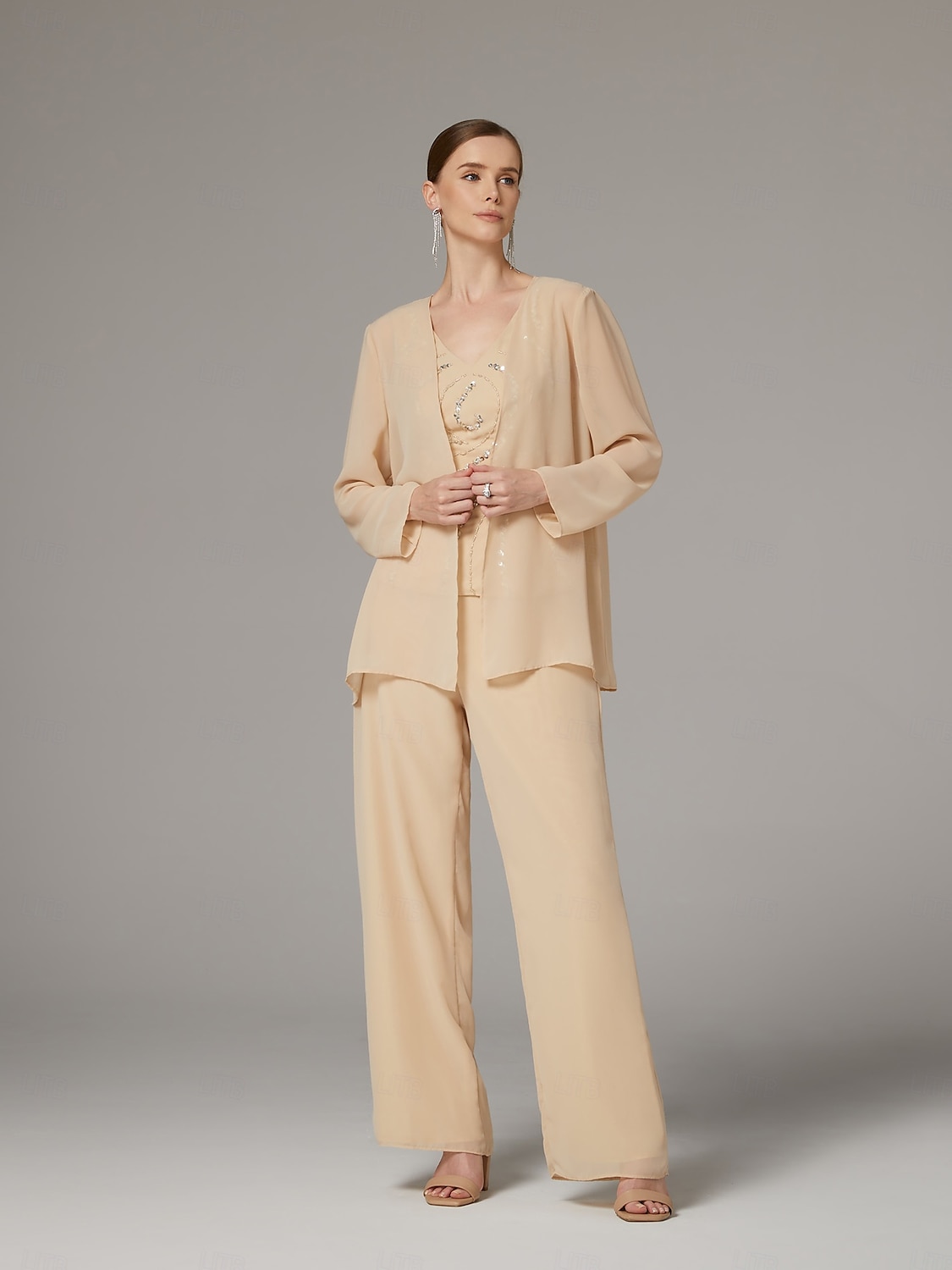 Combination  Pantalon Mère de la Mariée  Ensemble de 3 Pièces de Mariage à la Plage Élégante Luxueuse Col en V Longueur de Sol Chiffon Dentelle Sans Manches Enveloppement Inclus avec Broderies Sequin de 2025 ? $179.99 –P1