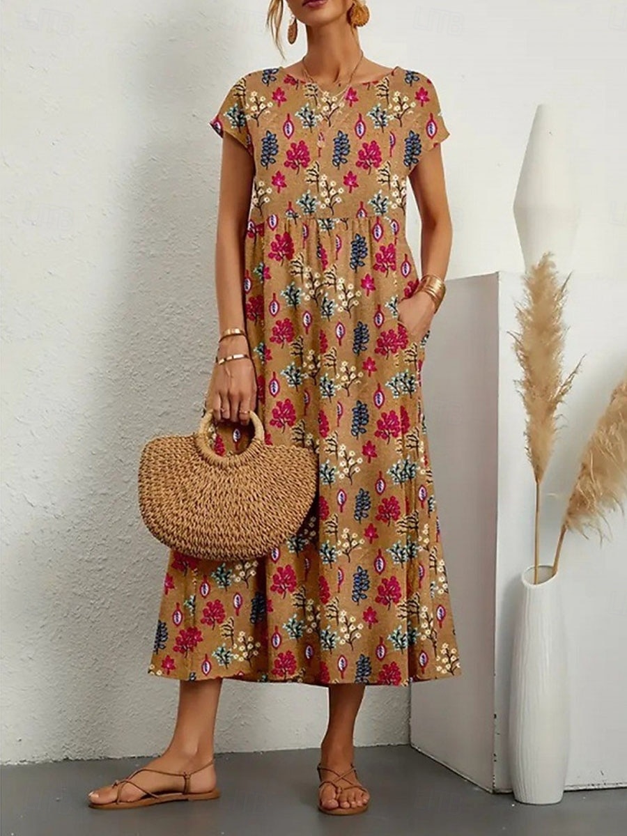Dam Maxiklänning Vardagsklänning Swingklänning Boho-klänning Vintage Ledigt Dagligen Normal Blommig Färgblock Kortärmad Rund hals Gul Rubinrött Blå Sommar Vår Höst 2025 - $35.99 –P3