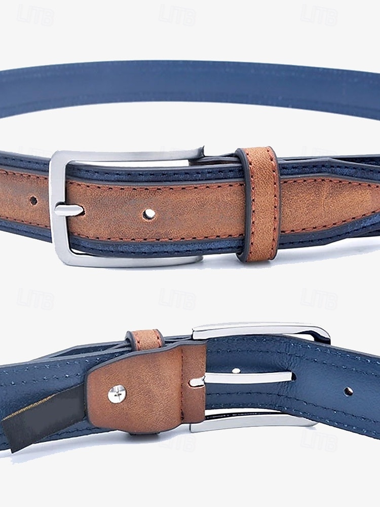 tvåfärgade mäns bälte i konstläder | snygg brun och blå design med metallspänne för vardags- och högtidskläder 2026 - $14.99 –P5