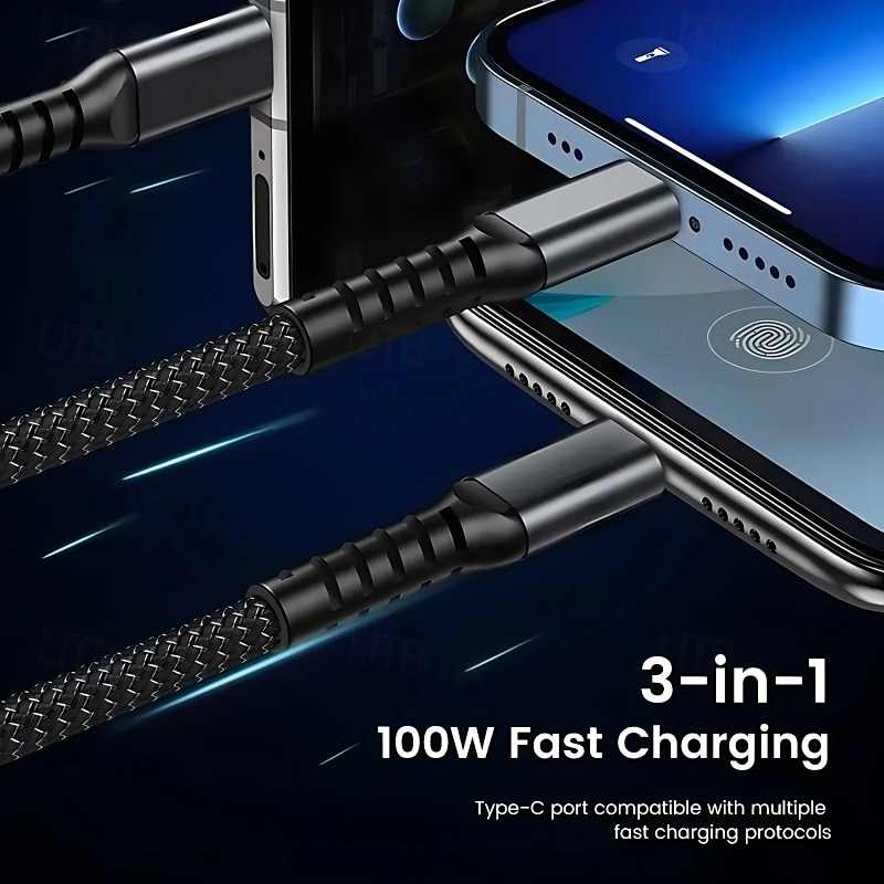 3-in-1 100 watin pikalatauskaapeli älykäs supernopea lataustuki moniliitäntäinen lataus usb visuaalinen virtalatauskaapeli yhteensopiva Applen samsung oppo auton pikalatauskaapelin kanssa 2025 - €10.99 –P7