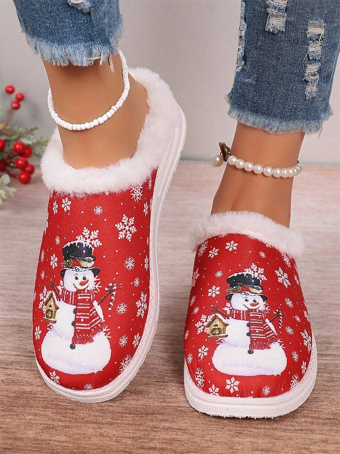 Weihnachts-Schneemann-Hausschuhe für Damen mit Kunstfellfutter – gemütliche und festliche Winterschuhe für den Innenbereich 2025 - $24.99 –P1