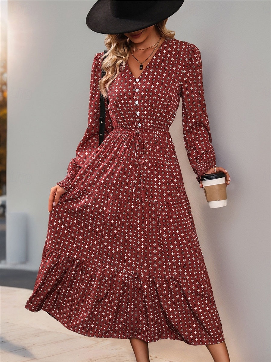 Femme Robe mi-longue Robe casual Robe Évasée Robe Trapèze Décontractées du quotidien Standard Floral manche longue Col V Vin Printemps Automne de 2025 ? $50.99 –P5
